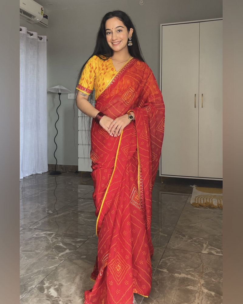 Vishal Prints Venetian Red Printed Georgette Bandhani Print Saree With Diamond Work And Fancy Border