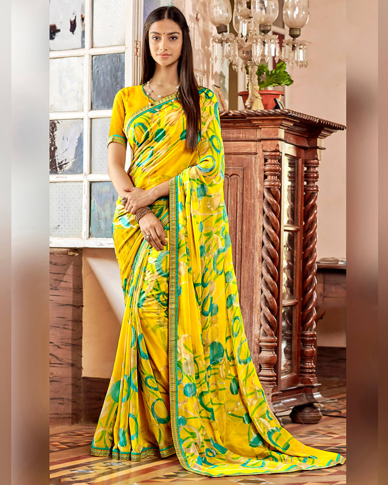 Vishal Prints Dark Yellow Printed Georgette Saree With Jari Piping
