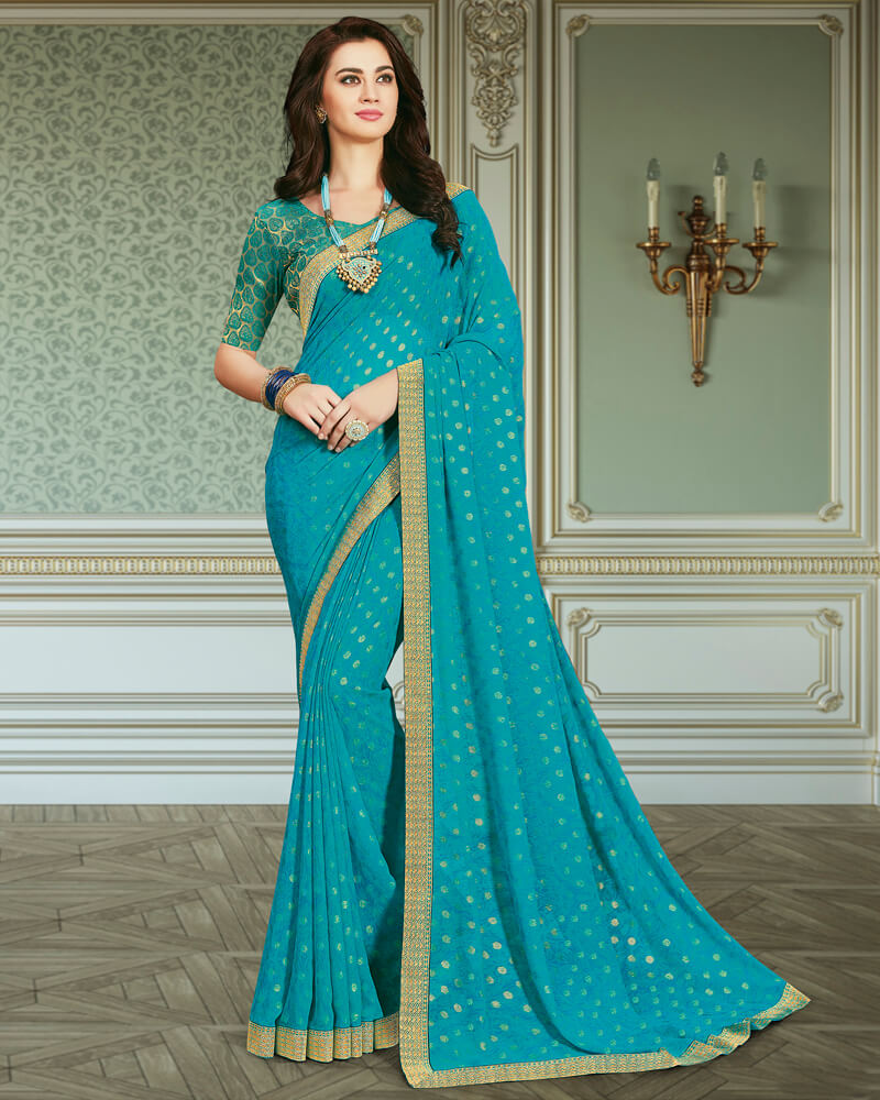 Vishal Prints Sky Blue Georgette Saree With Foil Print And Jari Border