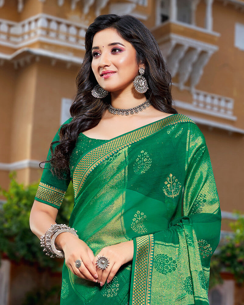 Vishal Prints Dark Green Brasso Saree With Foil Print