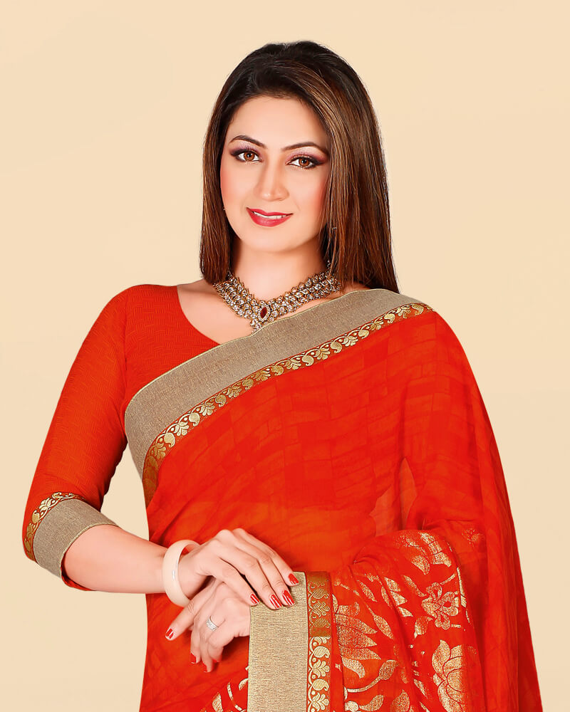 Vishal Prints Orange Georgette Saree With Foil Print And Jari Border