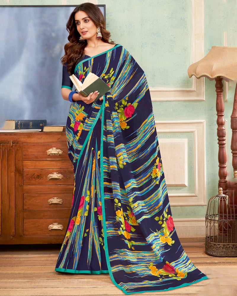 Vishal Prints Dark Navy Blue Printed Georgette Saree With Satin Piping