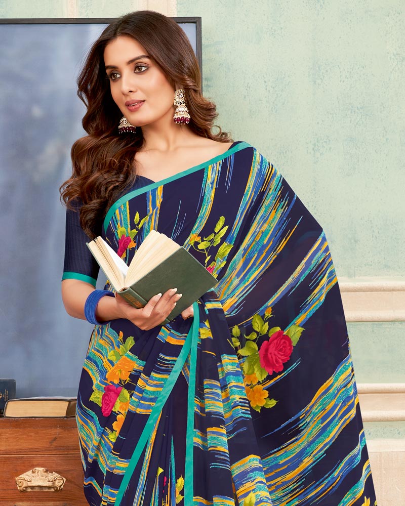 Vishal Prints Dark Navy Blue Printed Georgette Saree With Satin Piping