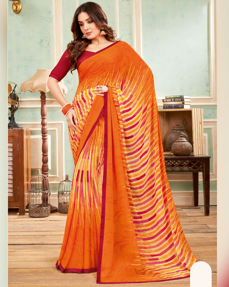 Vishal Prints Dark Orange Printed Georgette Saree With Satin Piping