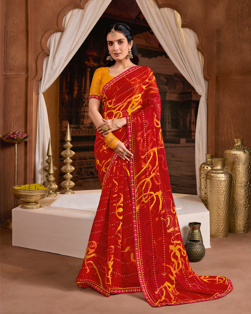 Vishal Prints Milano Red Printed Fancy Chiffon Saree With Foil Print And Embroidery Border