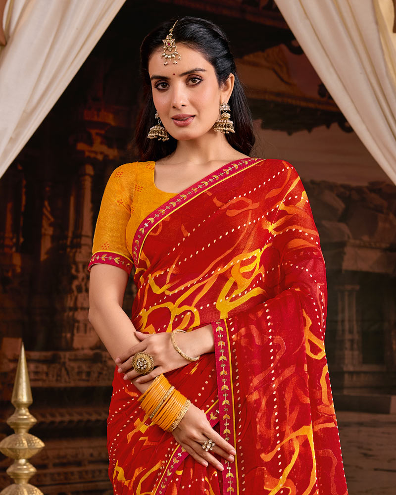 Vishal Prints Milano Red Printed Fancy Chiffon Saree With Foil Print And Embroidery Border