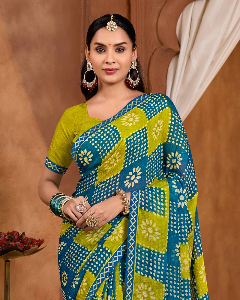 Vishal Prints Peacock Blue And Olive Yellow Printed Fancy Chiffon Saree With Fancy Embroidery Border