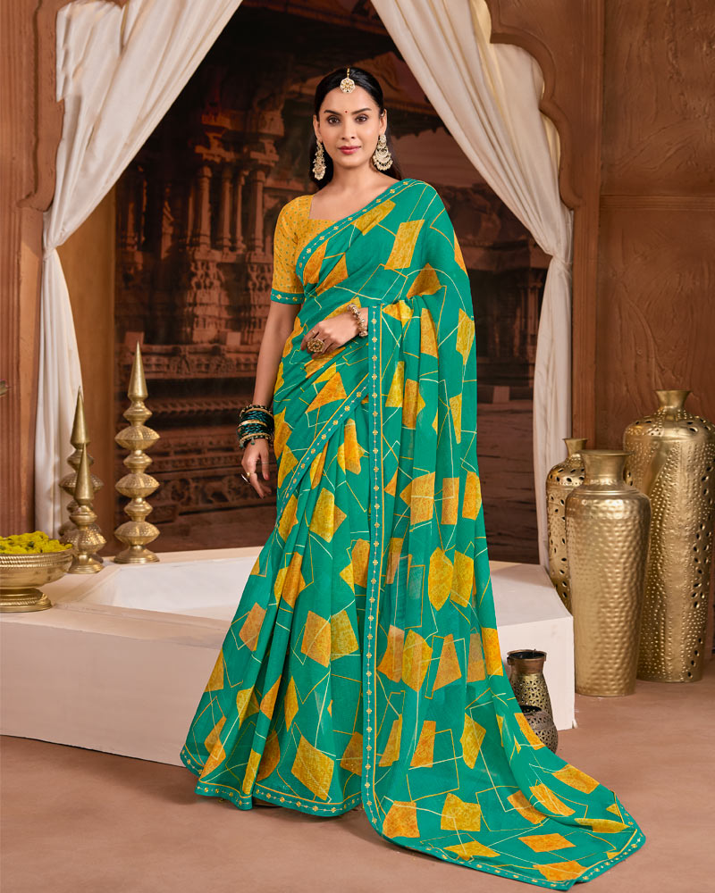 Vishal Prints Teal Green Printed Fancy Chiffon Saree With Fancy Embroidery Border