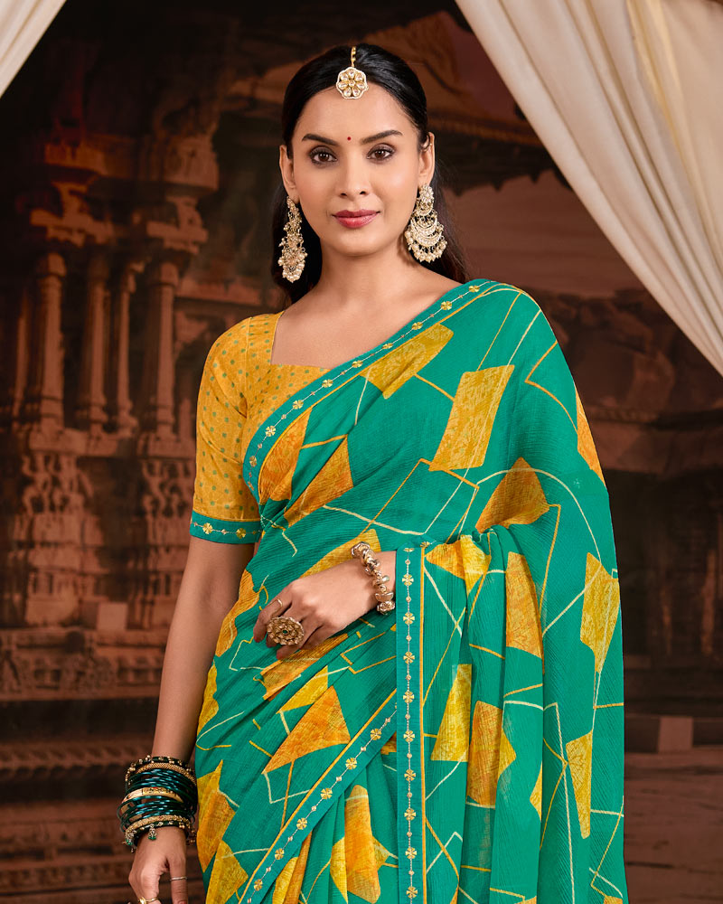 Vishal Prints Teal Green Printed Fancy Chiffon Saree With Fancy Embroidery Border