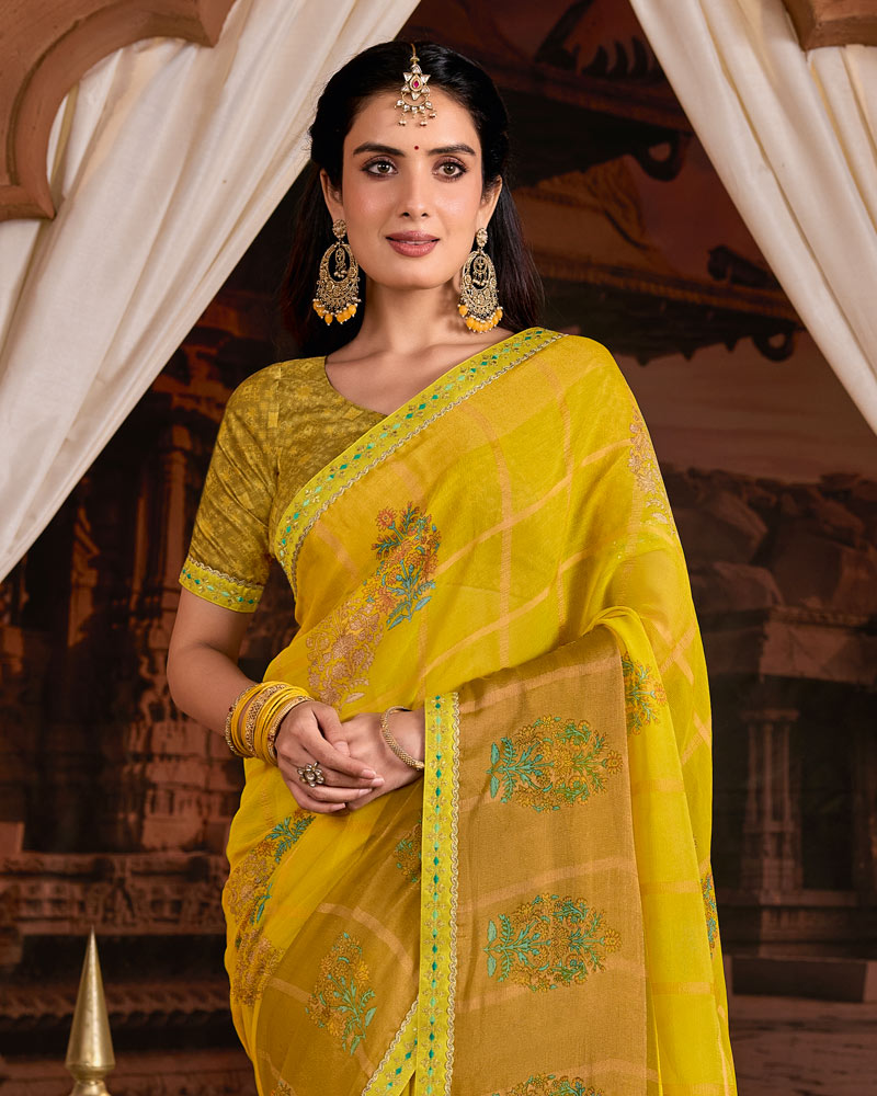 Vishal Prints Light Brownish Yellow Printed Fancy Chiffon Saree With Foil Print And Embroidery Border