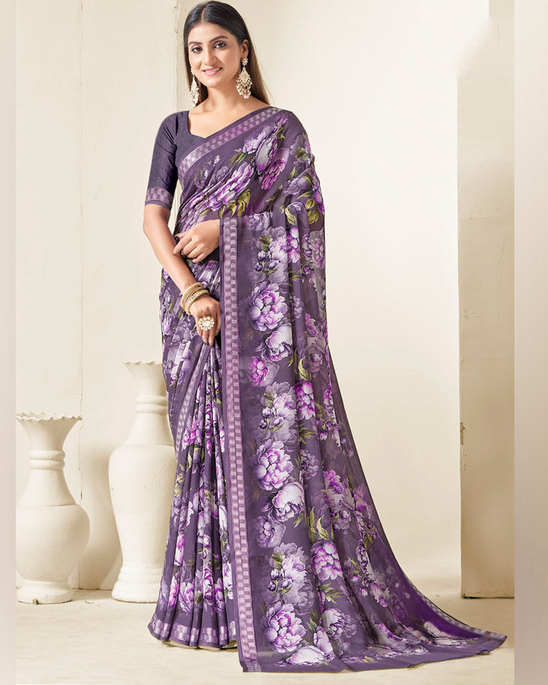 Vishal Prints Purple Taupe Criva Crepe Digital Print Saree With Weaved Viscose Patta