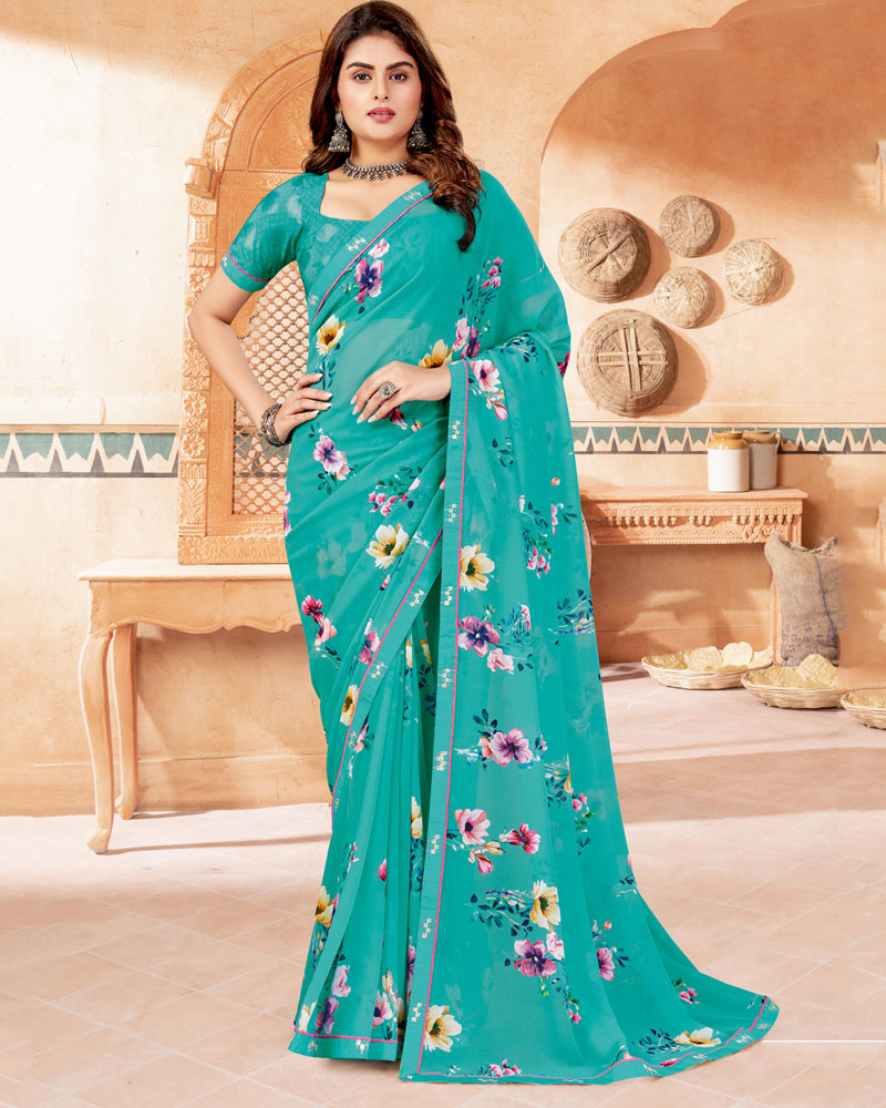 Vistavelle Teal Green Digital Cluster Print Saree with Banarasi Border main image 0
