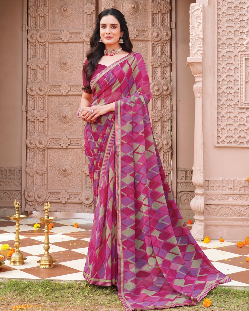 Vishal Prints Burnt Pink And Dusty Purple Printed Georgette Saree With Fancy Border