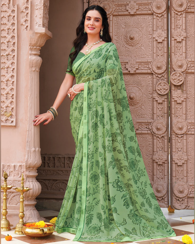 Vishal Prints Olivine Green Printed Georgette Saree With Fancy Border