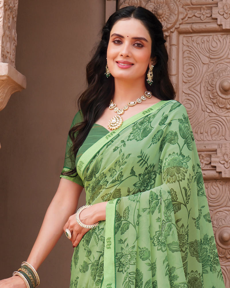 Vishal Prints Olivine Green Printed Georgette Saree With Fancy Border