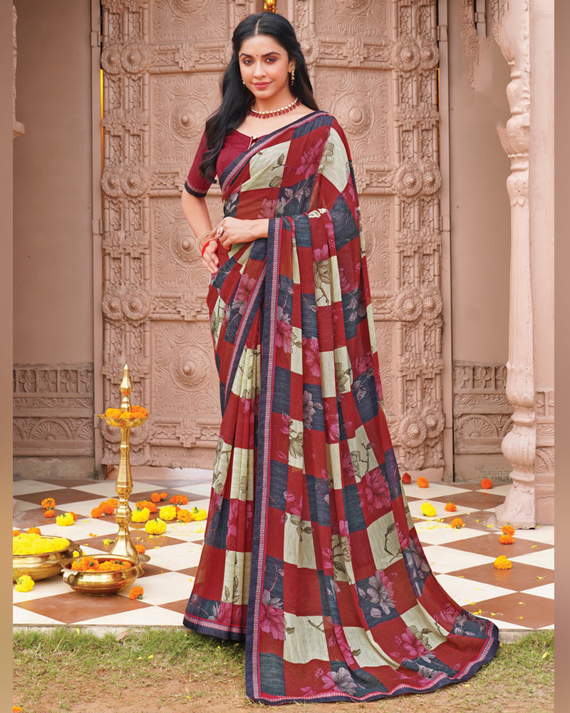 Vishal Prints Brick Red Printed Georgette Saree With Fancy Border