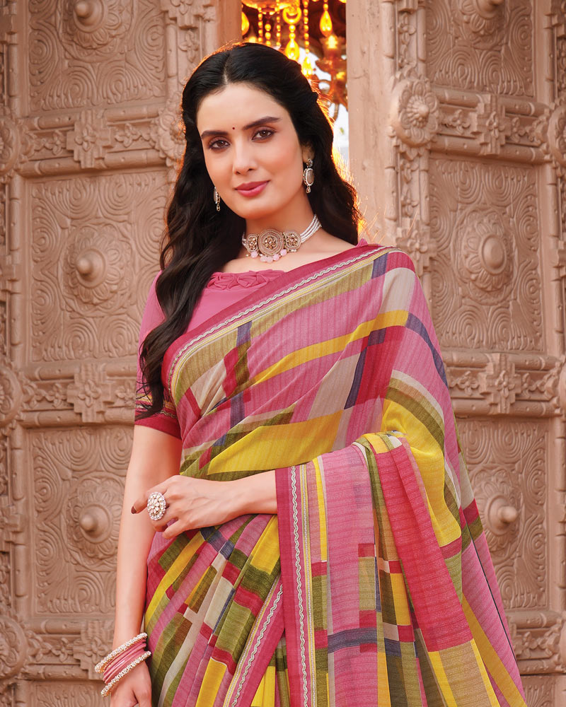 Vishal Prints Deep Blush Pink Printed Georgette Saree With Fancy Border