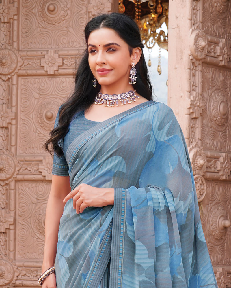Vishal Prints Cool Blue And Slate Grey Printed Georgette Saree With Fancy Border