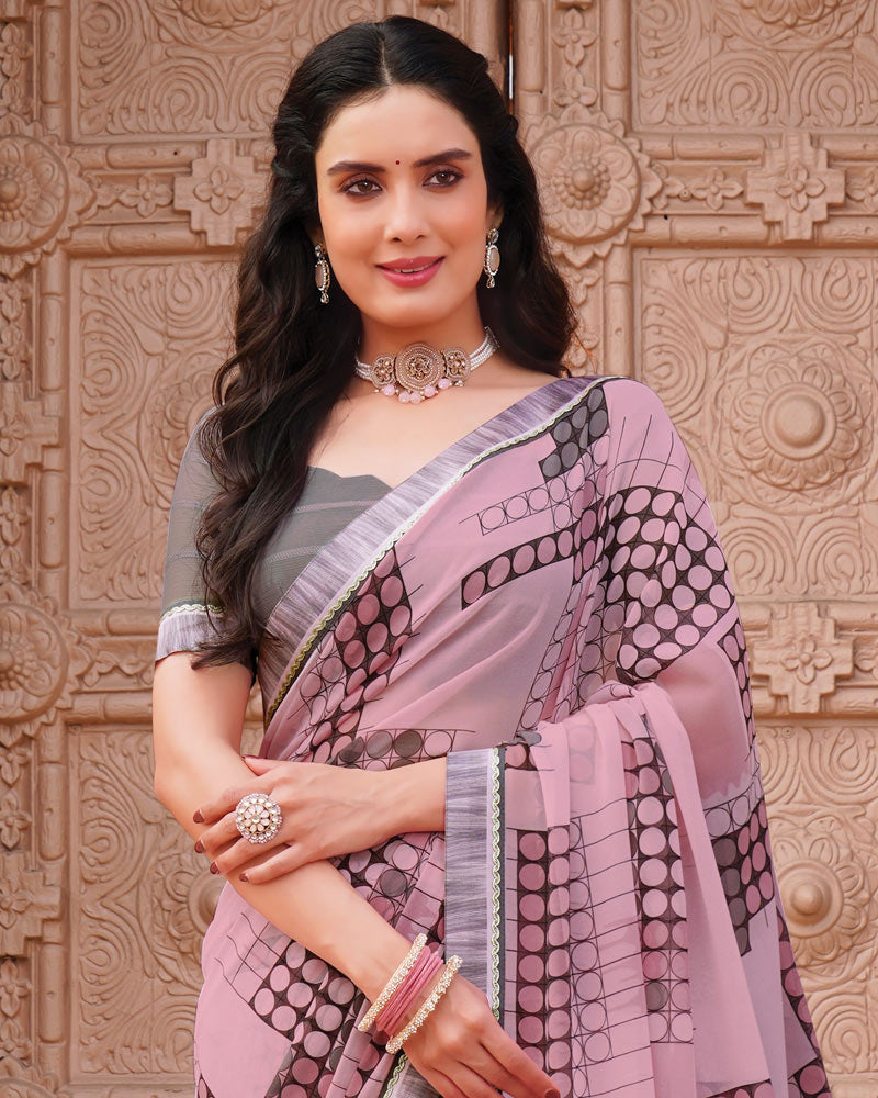 Vishal Prints Dusty Pink Printed Georgette Saree With Fancy Border