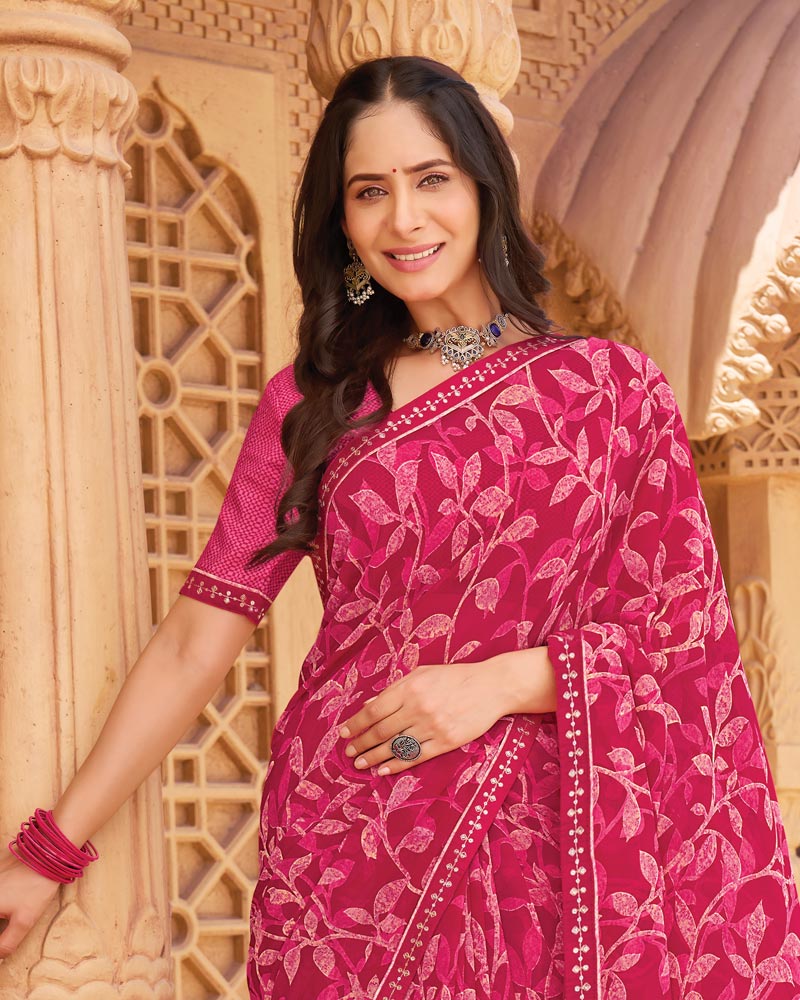 Vishal Prints Deep Rani Pink Printed Georgette Saree With Fancy Border