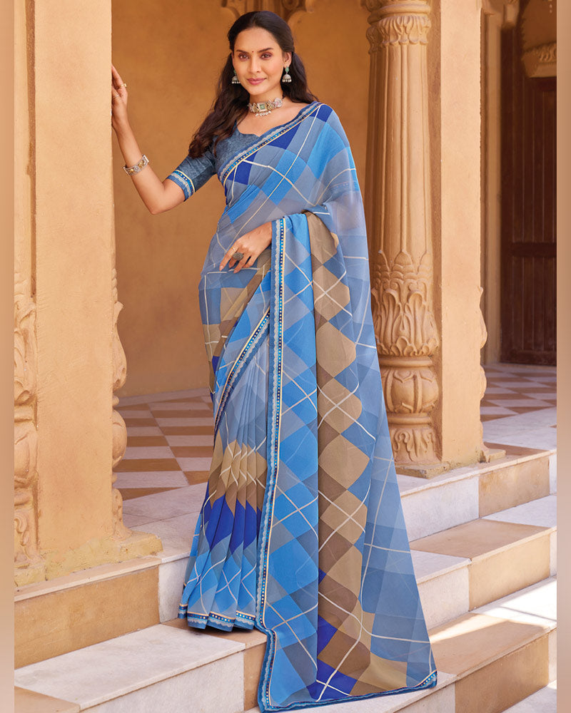 Vishal Prints Pale Blue Printed Georgette Saree With Fancy Border