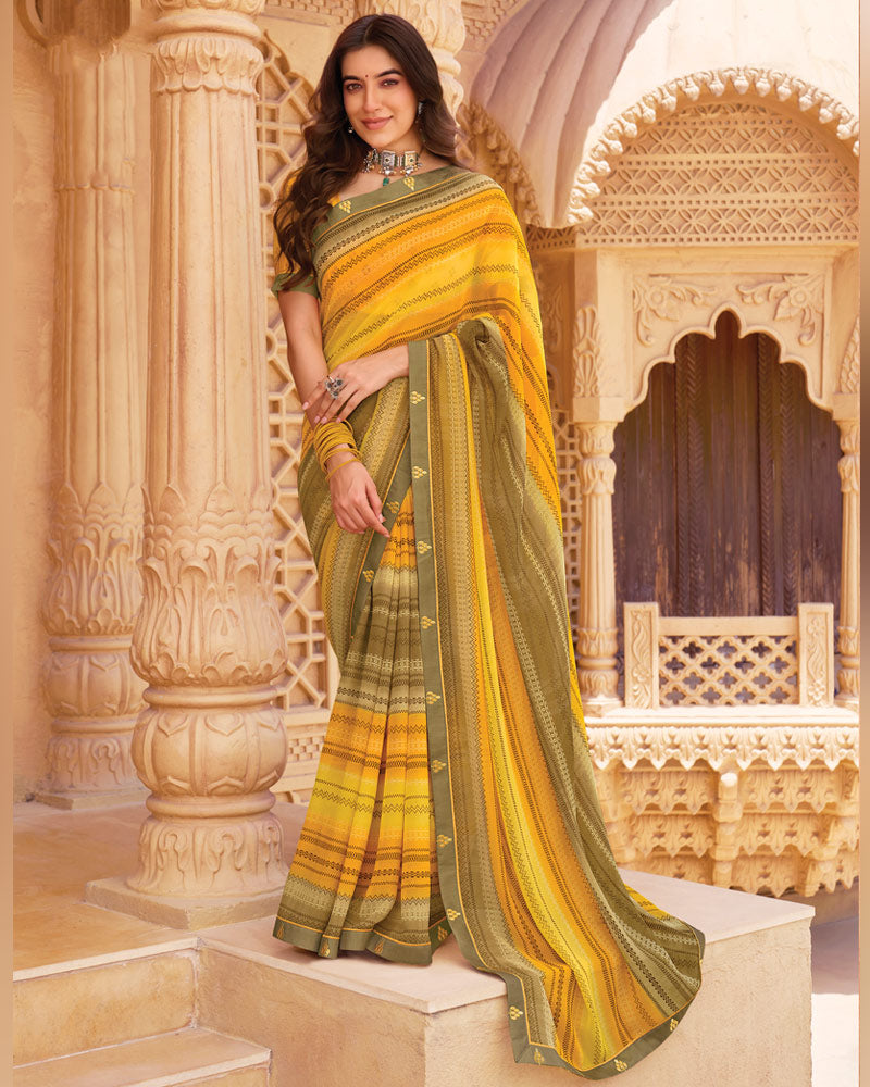 Vishal Prints Shaded Mustard Printed Georgette Saree With Fancy Border
