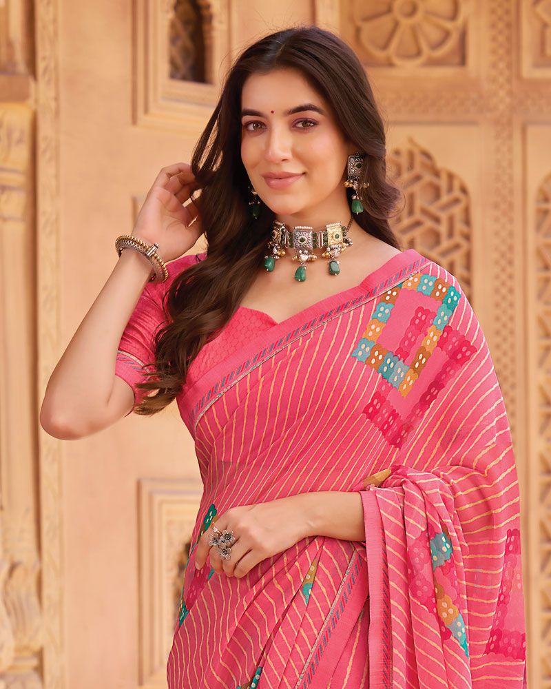 Vishal Prints Fushia Pink Printed Georgette Saree With Fancy Border