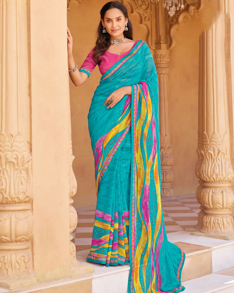 Vishal Prints Bright Blue Printed Georgette Saree With Fancy Border
