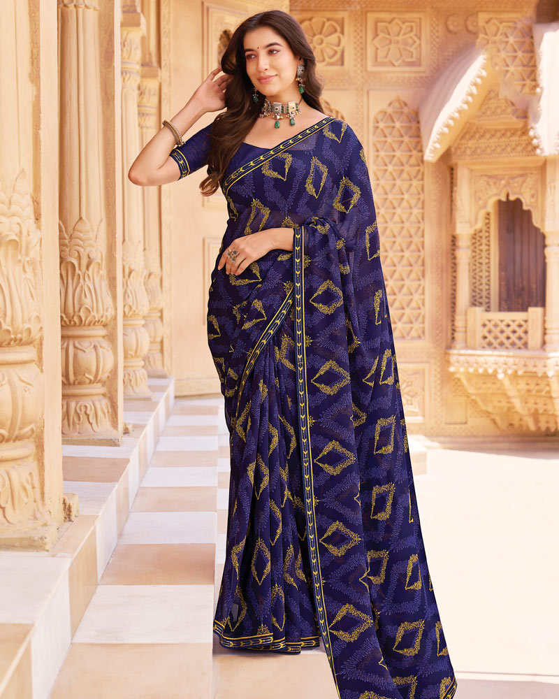 Vishal Prints Deep Purple Printed Georgette Saree With Fancy Border