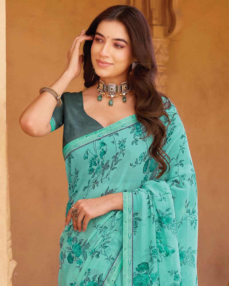 Vishal Prints Sea Green Printed Georgette Saree With Fancy Border