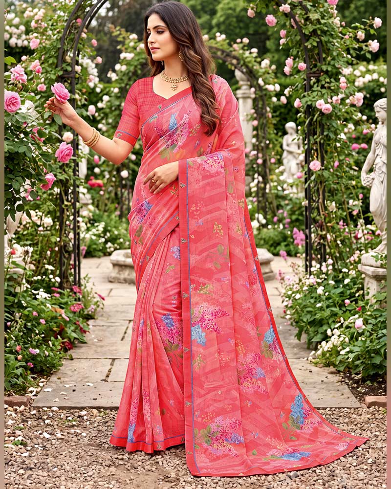 Vishal Prints Light Carmine Pink Printed Georgette Saree With Fancy Border