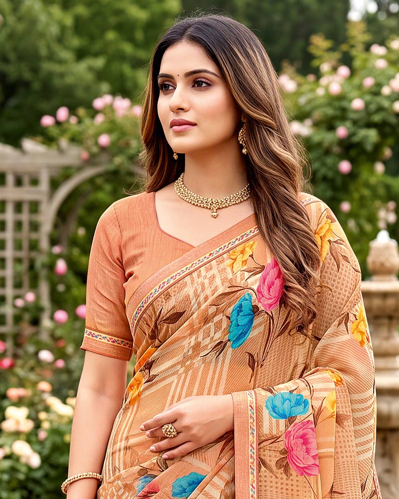 Vishal Prints Light Salmon Orange Printed Georgette Saree With Fancy Border