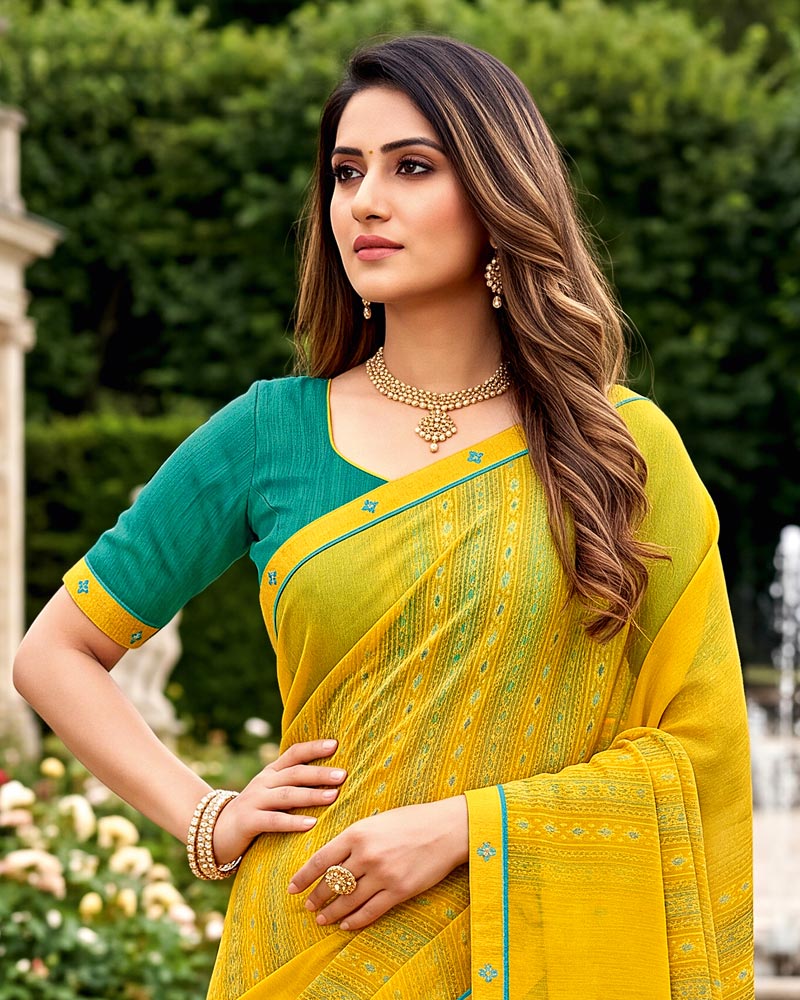 Vishal Prints Lightning Yellow Printed Georgette Saree With Fancy Border