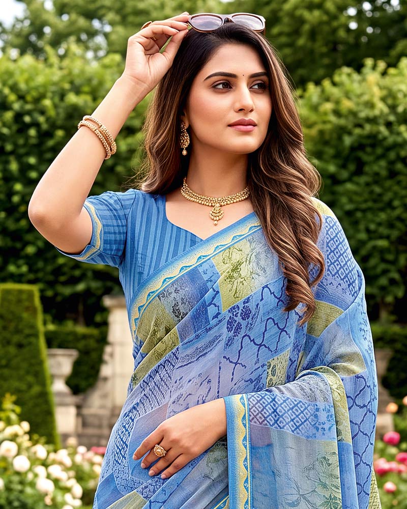 Vishal Prints Glacial Ice Blue Printed Georgette Saree With Fancy Border