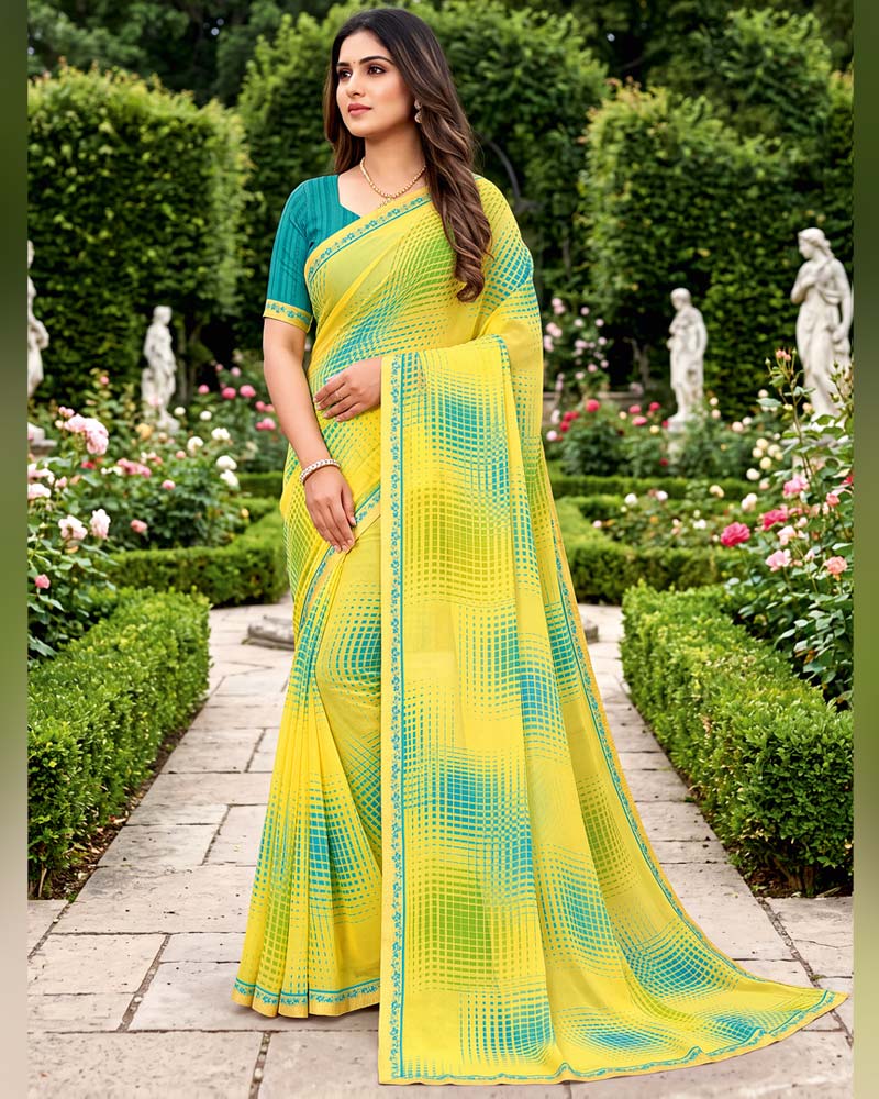 Vishal Prints Straw Yellow Printed Georgette Saree With Fancy Border