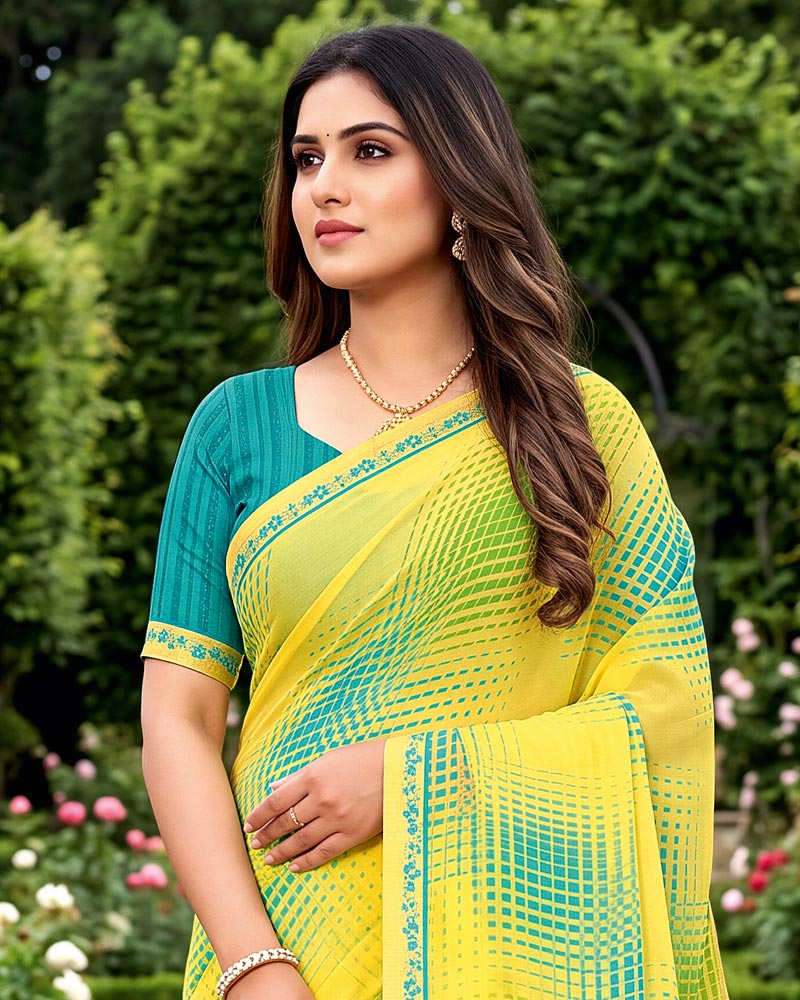 Vishal Prints Straw Yellow Printed Georgette Saree With Fancy Border