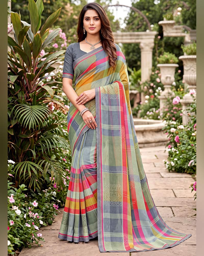 Vishal Prints Cool Grey Printed Georgette Saree With Fancy Border