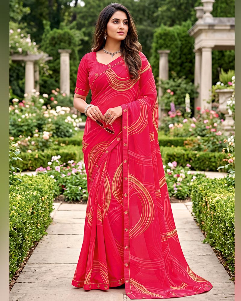 Vishal Prints Red Pink Printed Georgette Saree With Fancy Border