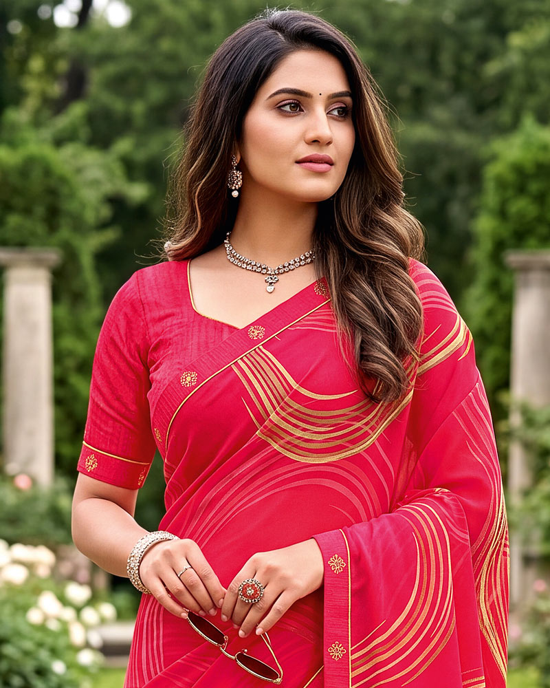 Vishal Prints Red Pink Printed Georgette Saree With Fancy Border
