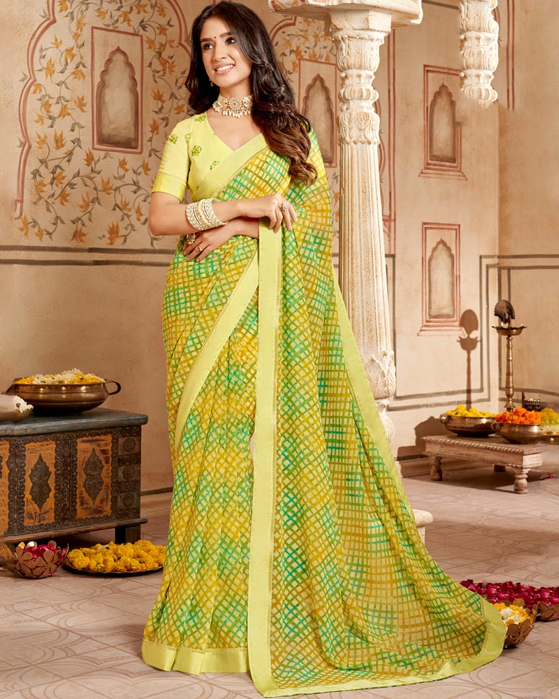 Vishal Prints Light Yellow Printed Georgette Saree With Fancy Border