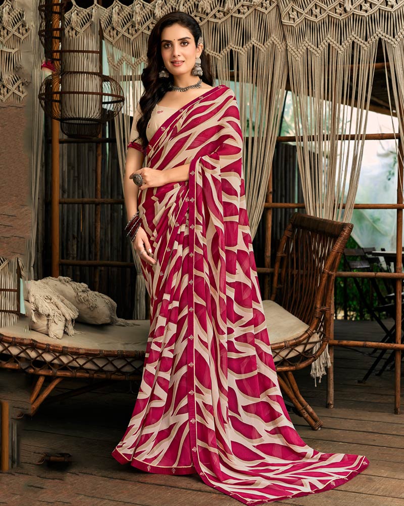 Vishal Prints Vivid Burgundy Printed Georgette Saree With Fancy Border