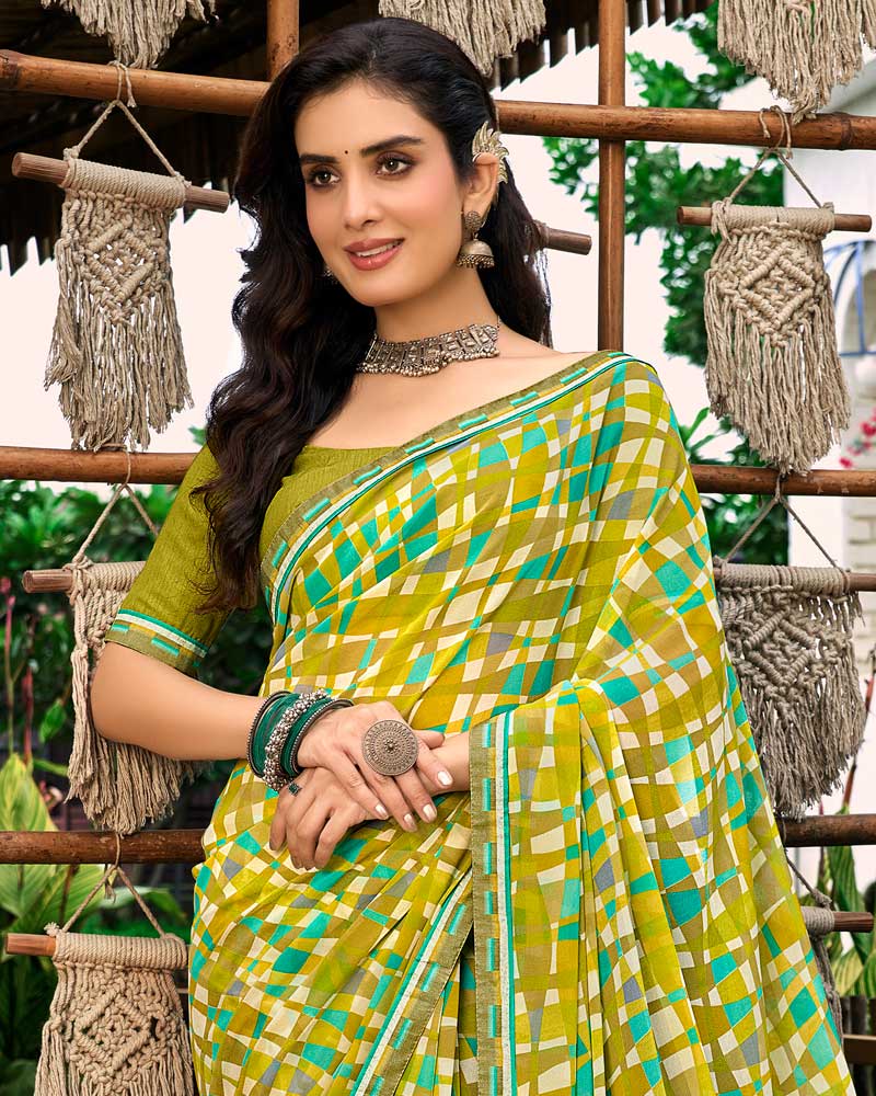 Vishal Prints Brownish Yellow Printed Georgette Saree With Fancy Border