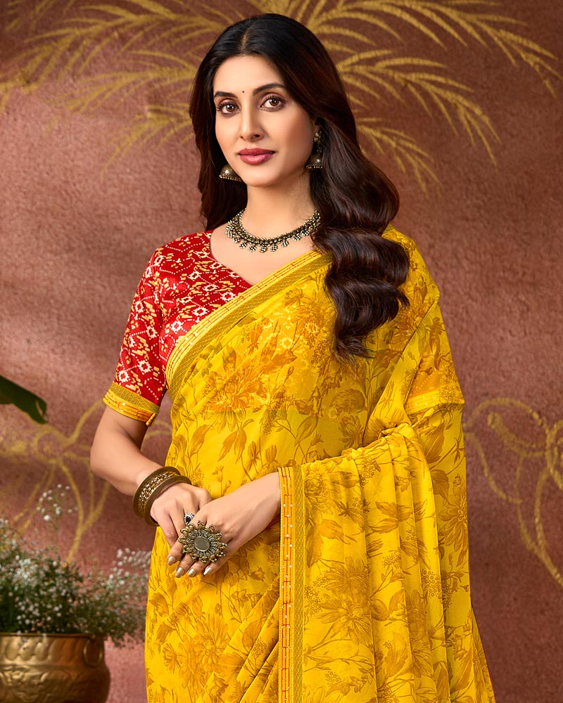 Vishal Prints Chrome Yellow Printed Georgette Saree With Fancy Border