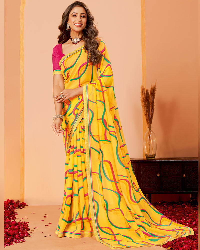 Vishal Prints Sunglow Yellow Printed Georgette Saree With Fancy Border