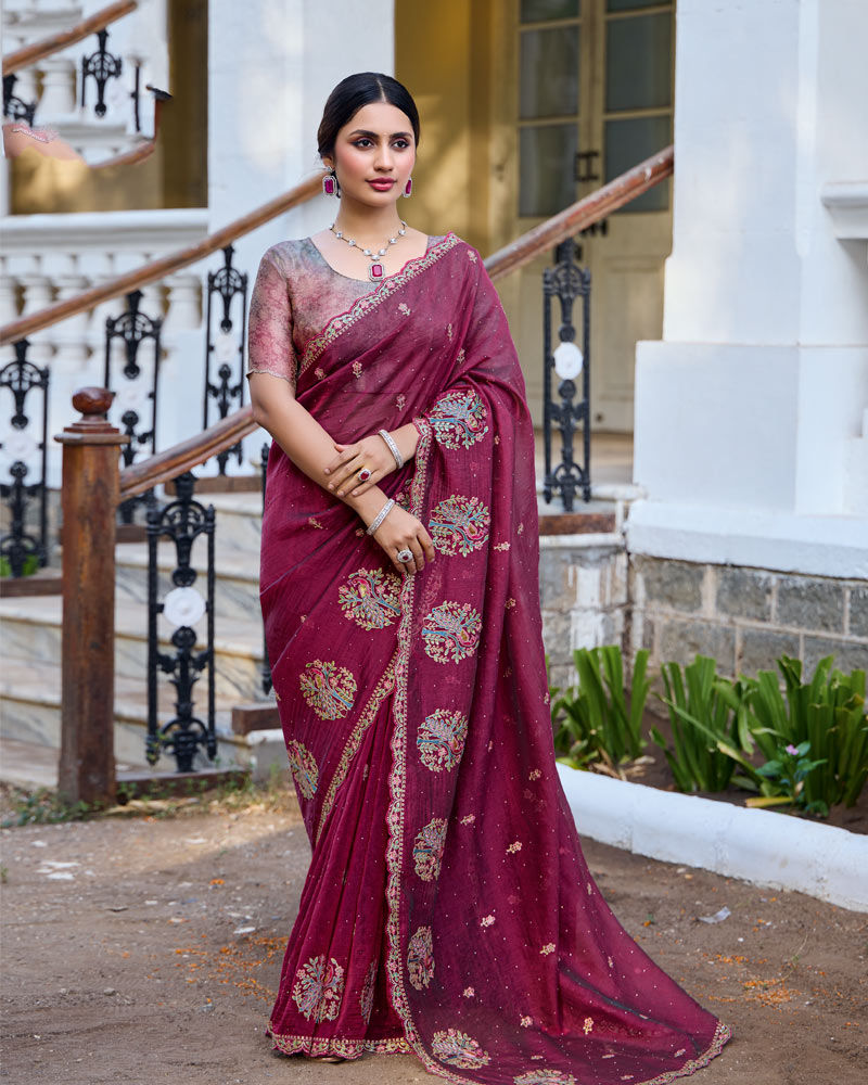 Vishal Prints Light Burgundy Designer Soft Silk Saree With Embroidery Diamond Work And Cut Work Border
