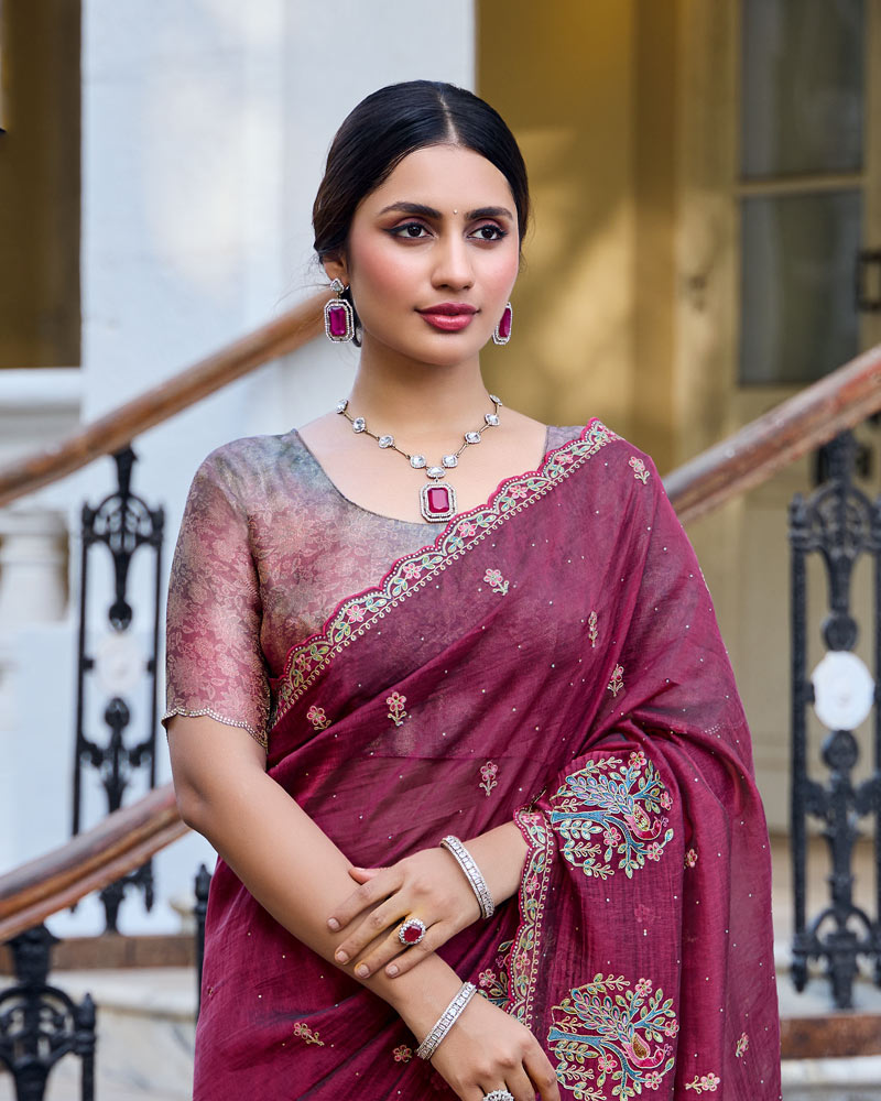Vishal Prints Light Burgundy Designer Soft Silk Saree With Embroidery Diamond Work And Cut Work Border