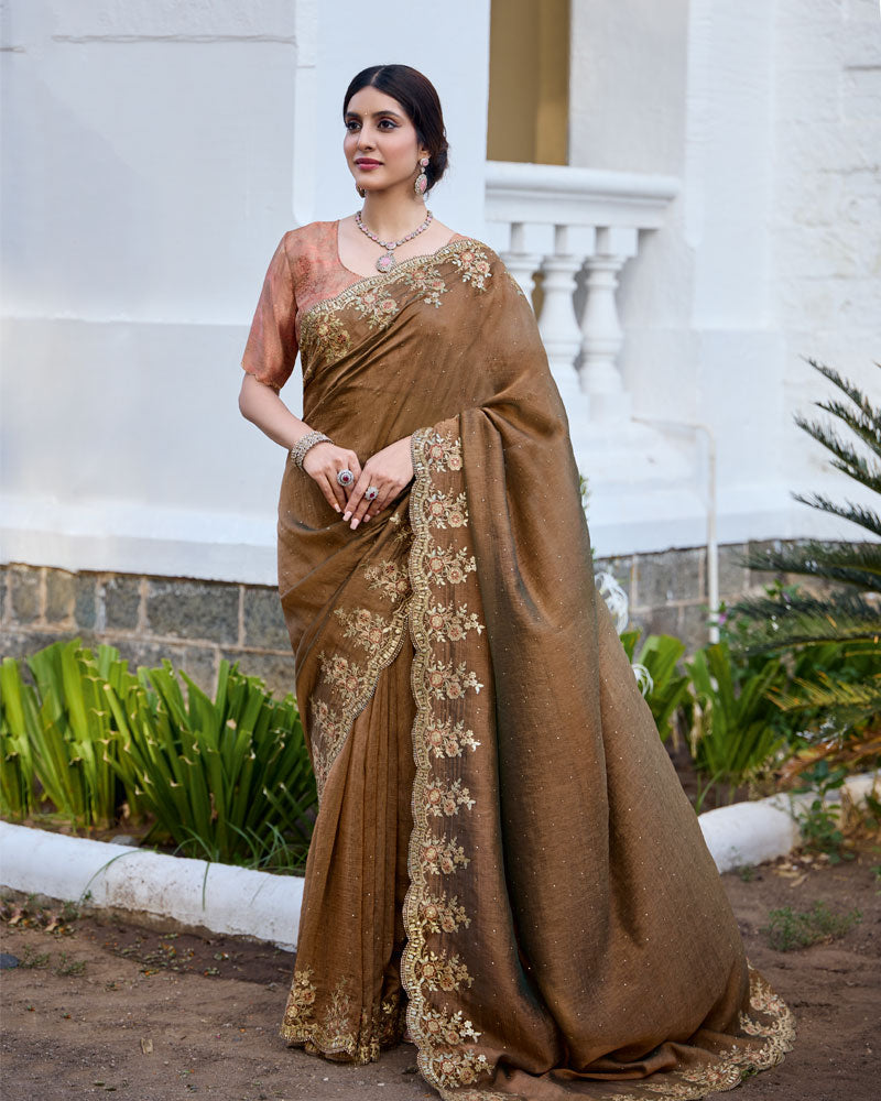 Vishal Prints Metallic Brown Designer Soft Silk Saree With Embroidery Diamond Work And Cut Work Border