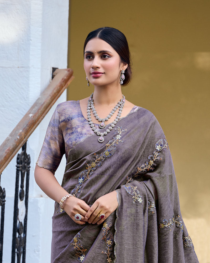 Vishal Prints Dark Purplish Grey Designer Soft Silk Saree With Embroidery Diamond Work And Cut Work Border