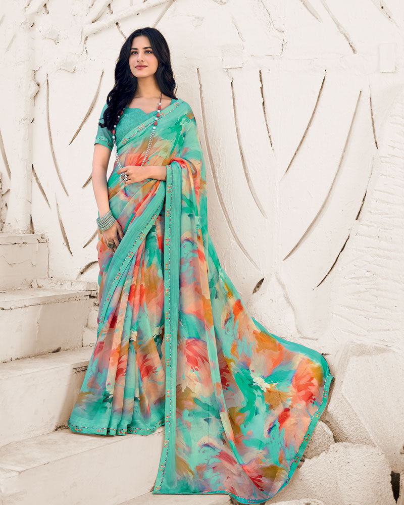 Vishal Prints Neptune Green Designer Fancy Chiffon Digital Print Saree With Border