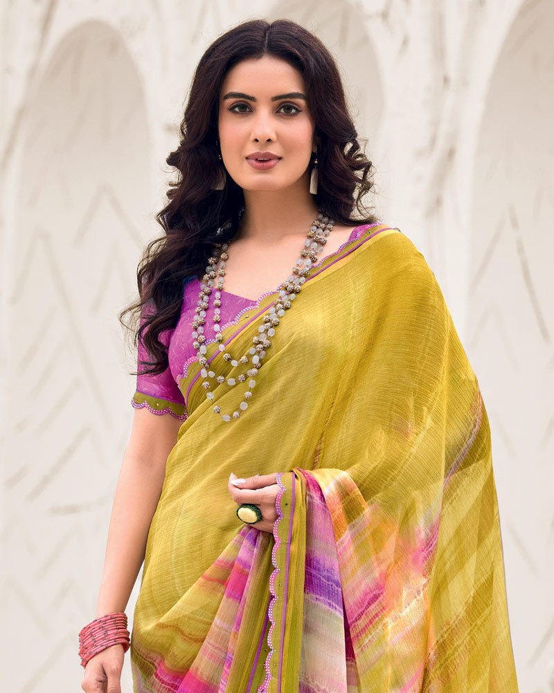 Vishal Prints Yellow Ochre Designer Fancy Chiffon Digital Print Saree With Cut Work Border